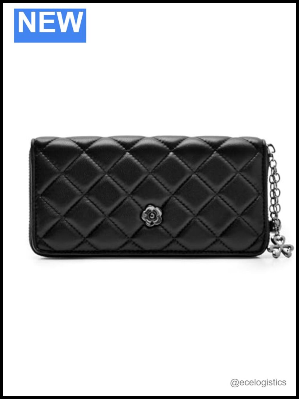 Quilted Leather Lambskin Wallet with Chain and Flower Charm, Diamond Pattern